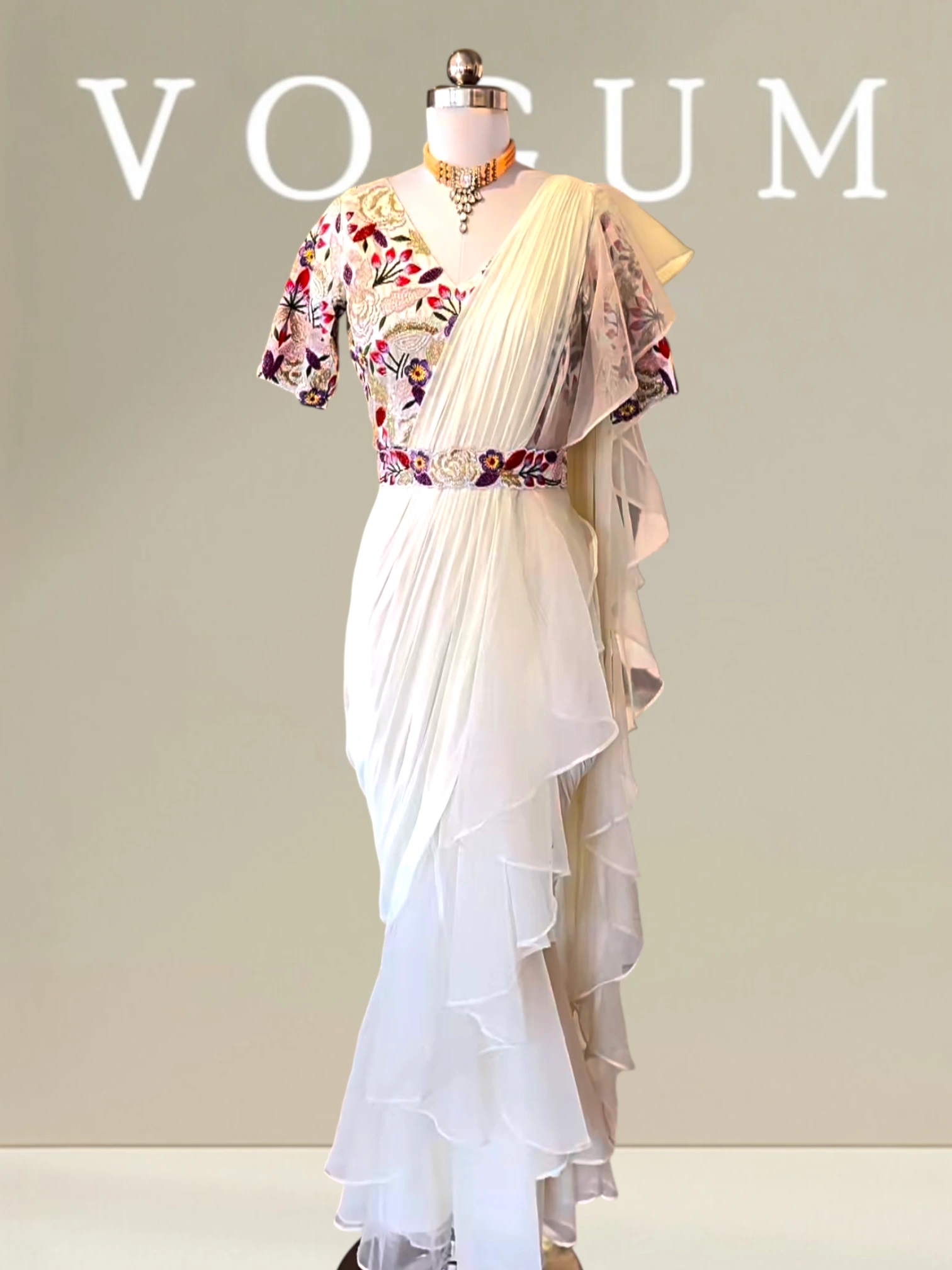 Glass and thread multicoloured ruffle saree set product image